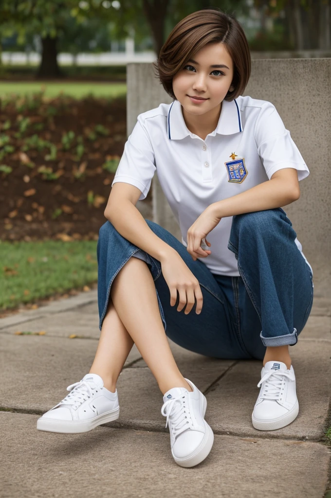 A woman with short hair, a pretty face, light brown hair, wearing a university uniform, white shoes. 