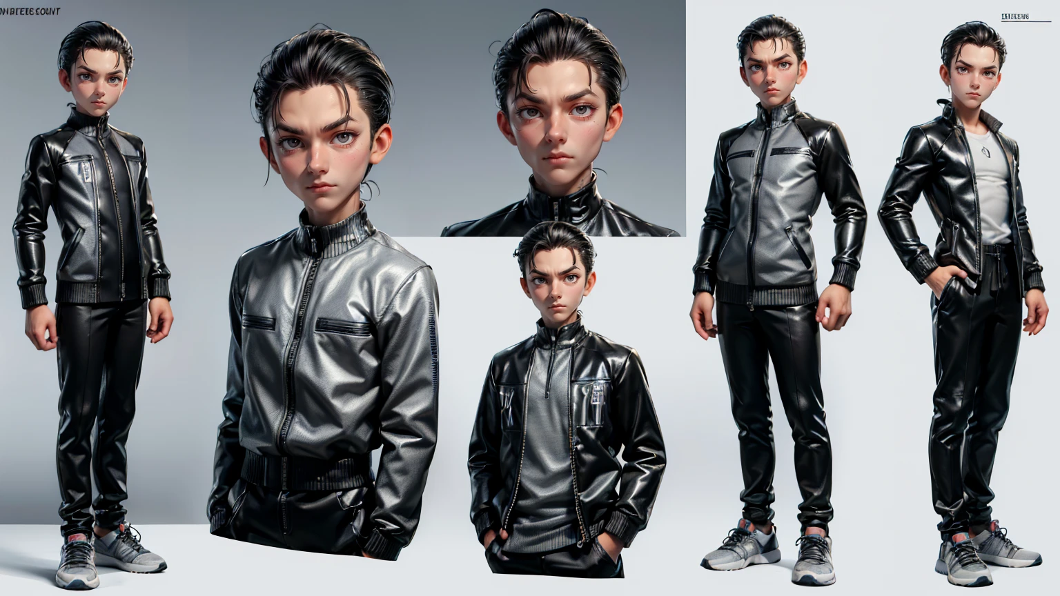 cute face boy, cute face, short height boy, wearing casual futuristic grey pent, grey dress, full standing pose, Slicked Back hairs, Slicked Back hair style, sports shoes, Character Sheet, 12 yo student, Full body, Simple white background, front straight pose character reference sheet, Concept art, design sheet