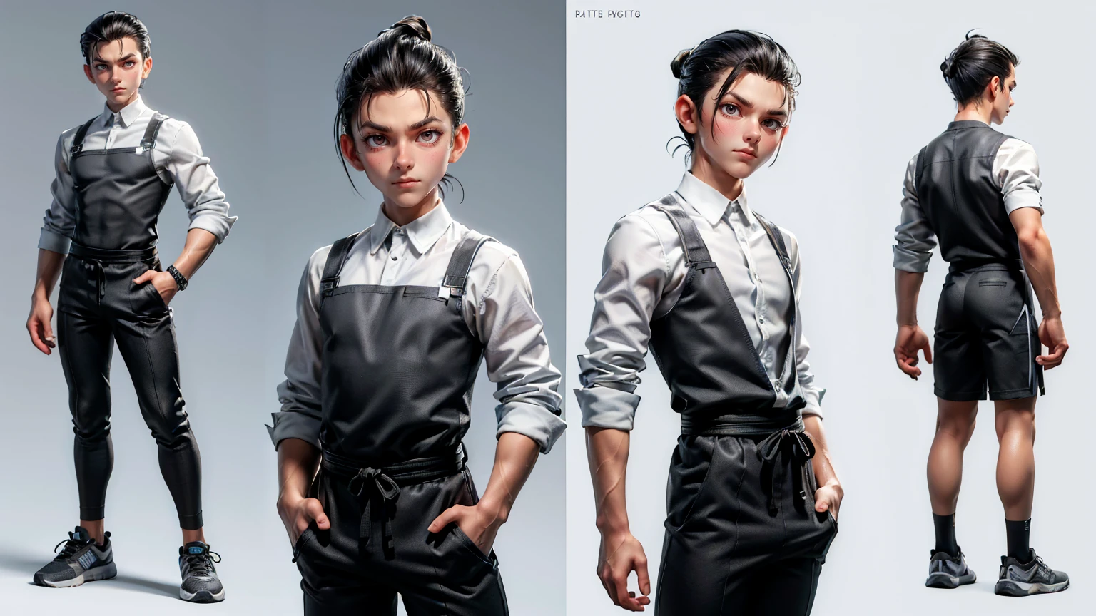 cute face boy, cute face, short height boy, wearing casual futuristic grey pent, grey dress, full standing pose, Slicked Back hairs, Slicked Back hair style, sports shoes, Character Sheet, 12 yo student, Full body, Simple white background, front straight pose character reference sheet, Concept art, design sheet