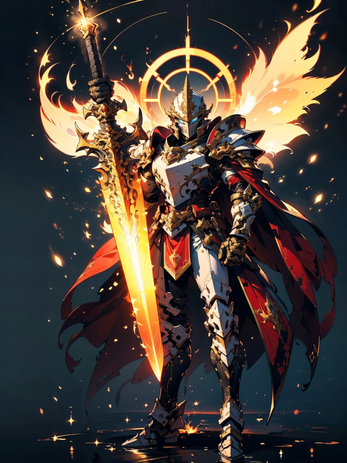 8K quality,(super masterpiece:1.3),Highest quality,Detailed Images,1 male,knight,pocket(Full Face,Two Corners),Blue Armor(Blue full armor,Golden decoration),(Wear a red cloak,Red Cape),(Holding a flaming sword in both hands),(background:Burning image,sunset,幻想的なsunset,The End,The end of the world,grassland,Takayama,Halo effects),(Whole body image,Standing with your legs apart),(Face directly towards the camera,Looking directly at the viewer,looking at the camera,The body faces the viewer,The body is facing the direction of the camera,Face looking straight into the camera).