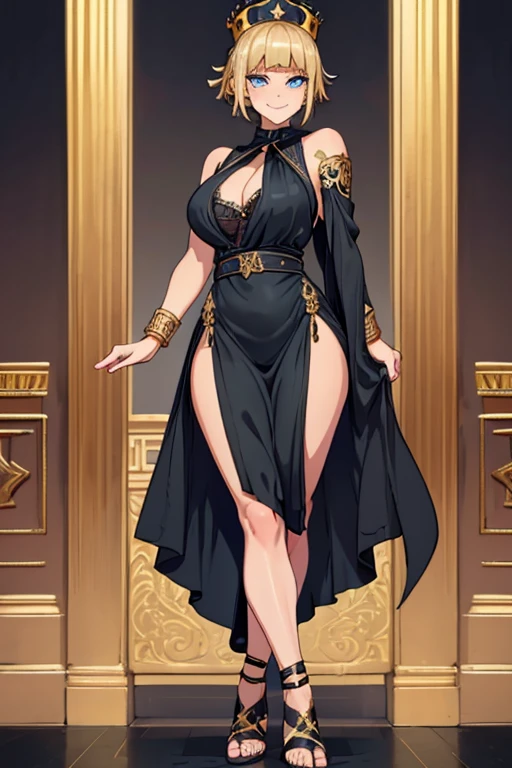 female, black short hair, blue eyes, (((1girl))), (((black toga style dress))), (black fingerless opera gloves), (gold jewelry), (gold ornate crown), (Greek style heeled sandals), cute and sexy, full body, big breasts, long legs, smiling, cleavage