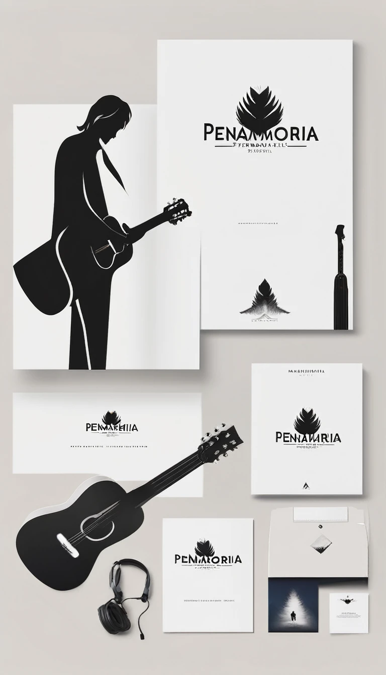 A minimal, modern, simple, cinematic logo design for the storyteller brand “Penamemoria". Create a modern, minimalistic, high-quality, logo of a feather-boy playing acoustic guitar. Make the logo fantastic, unique, modern, simple, minimalistic, dreamy, memorable, nosthalgic, storyteller.