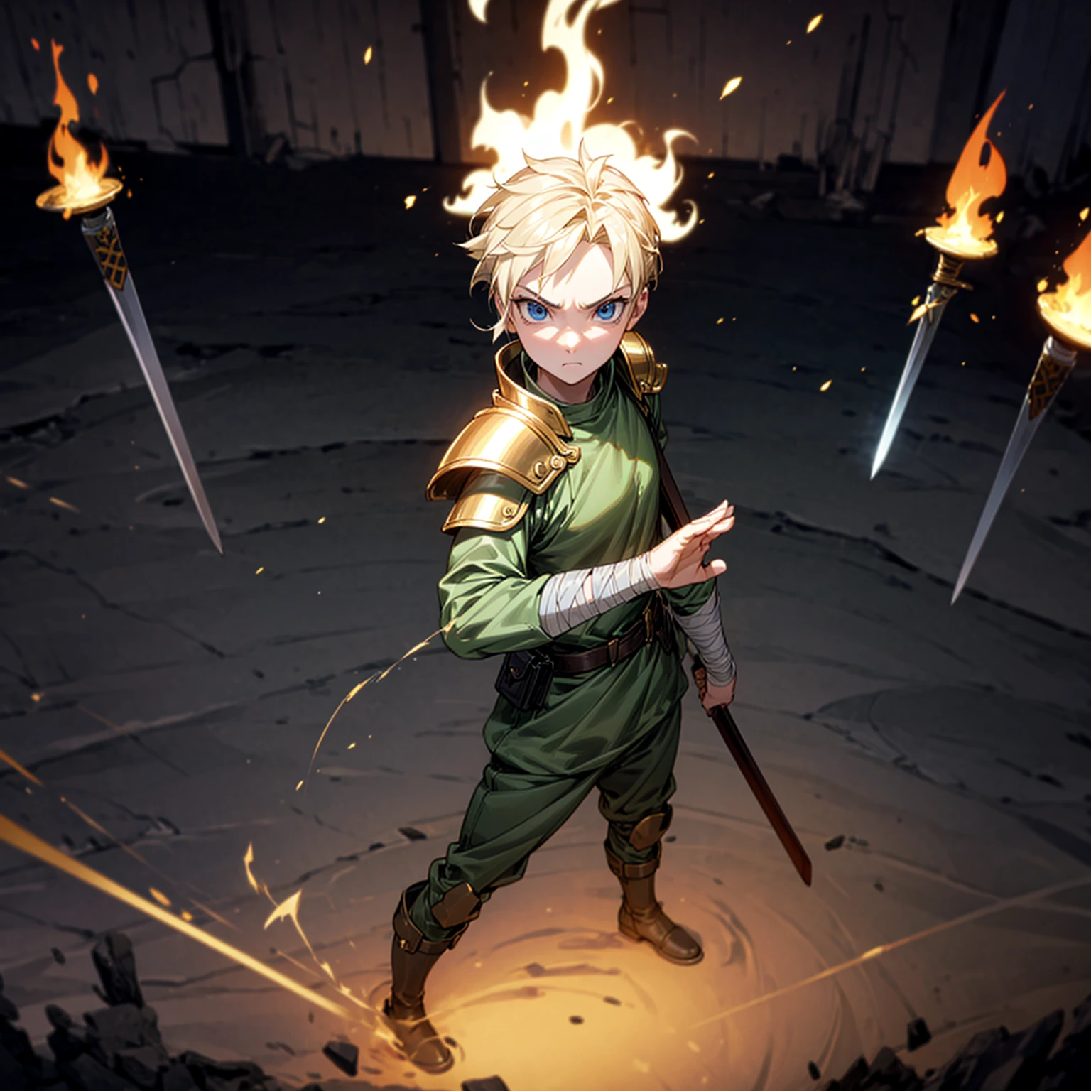 1boy, Full body version, 1character, blue eyes, sad eyes, short haircut, blonde color hair, bandage on head, soldier style outfit, big armors, black Boots, Grassroots, full background indoor building, motion blur, (one piece style art), standing gesture, sword lighting gold in hand, fire effect on sword, smoke effect, fire effect in background, plasma effect, light fire, (high angle view, hd, masterpiece)
