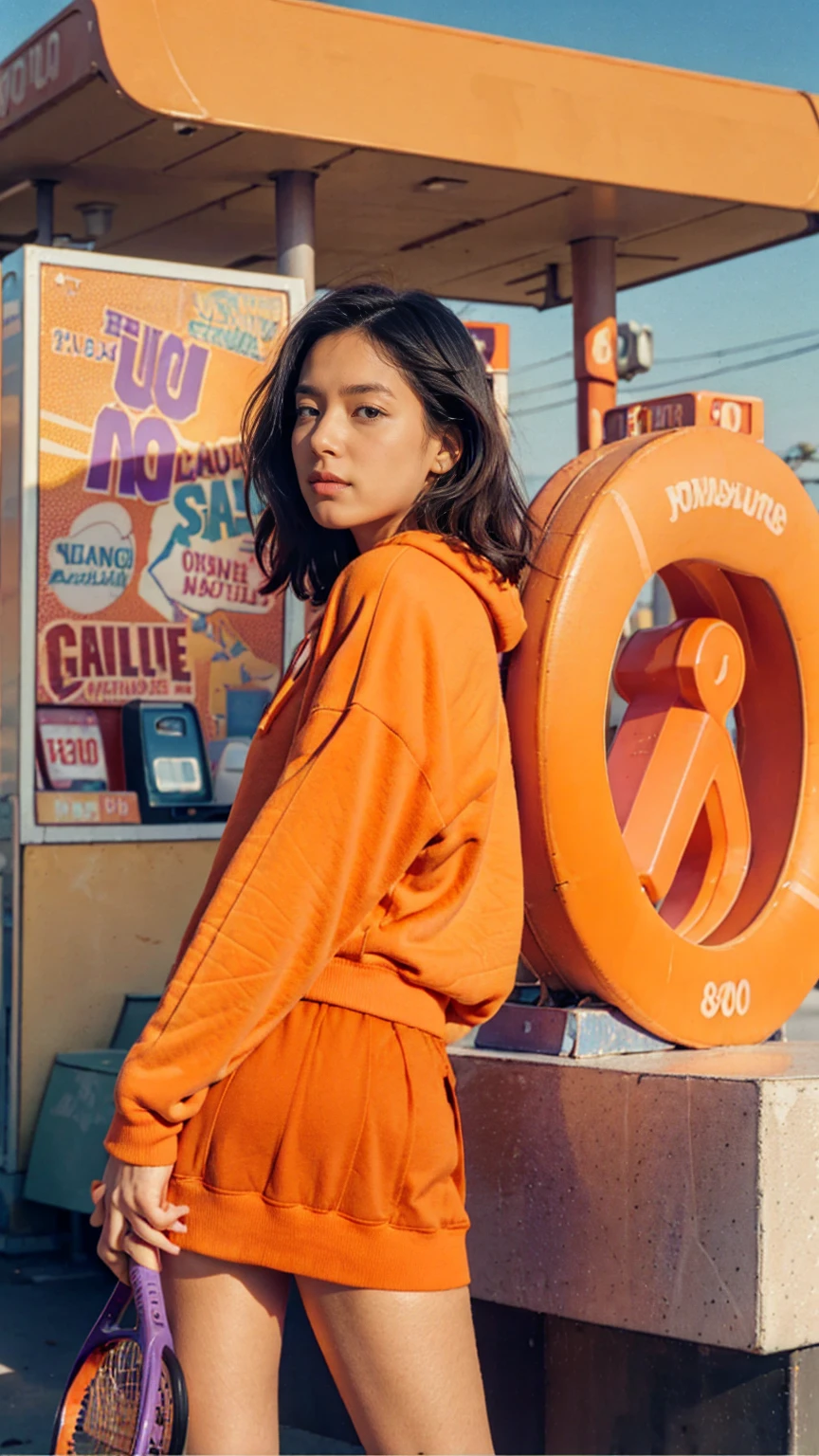 (medium cinematic shot portrait), of cute 23 yo girl ,wear ((orange color oversized_hoodie)), wear ((purple tennis skirt)),looking front,Best Quality,Masterpiece,Ultra High Resolution,(Realisticity:1.4),Original Photo, 1Girl, light leak,ultra high resolution,UHD,beautiful, (black bob hair), almond eye, no makeup, looking at camera,in front of ((80's colorful gas station)), (realistic:1.2), (surreal:1.3), (very detailed:1.1), ((masterpiece)),summer, blue sky, palm trees,sunny, los angles vibes,film camera, 800mm lens,style of Philip Lorca diCorcia