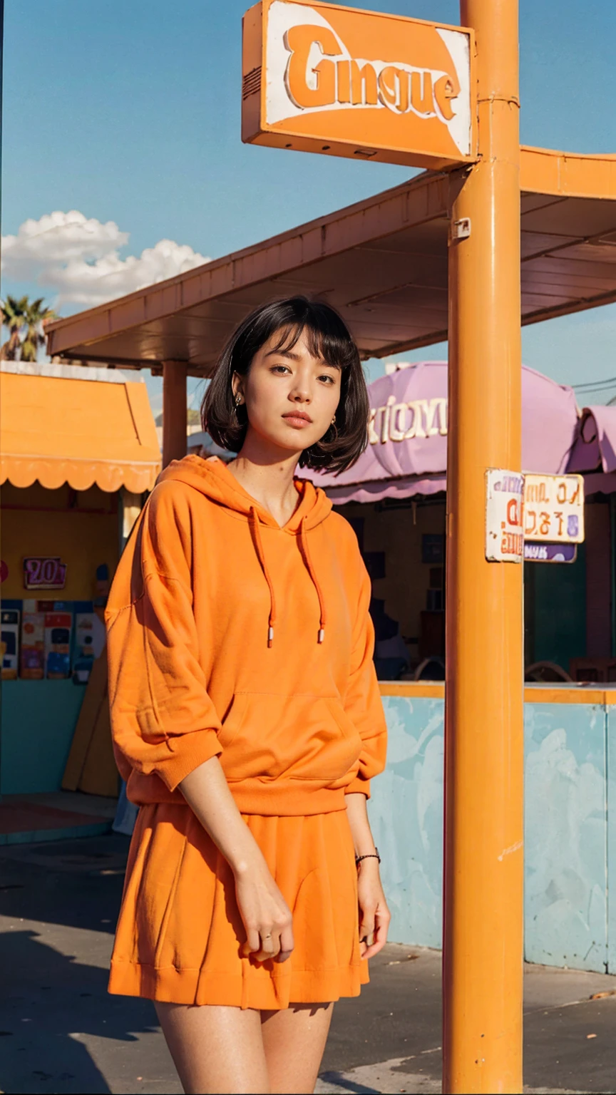 (medium cinematic shot portrait), of cute 23 yo girl ,wear ((orange color oversized_hoodie)), wear ((purple tennis skirt)),looking front,Best Quality,Masterpiece,Ultra High Resolution,(Realisticity:1.4),Original Photo, 1Girl, light leak,ultra high resolution,UHD,beautiful, (black bob hair), almond eye, no makeup, looking at camera,in front of ((80's colorful gas station)), (realistic:1.2), (surreal:1.3), (very detailed:1.1), ((masterpiece)),summer, blue sky, palm trees,sunny, los angles vibes,film camera, 800mm lens,style of Philip Lorca diCorcia