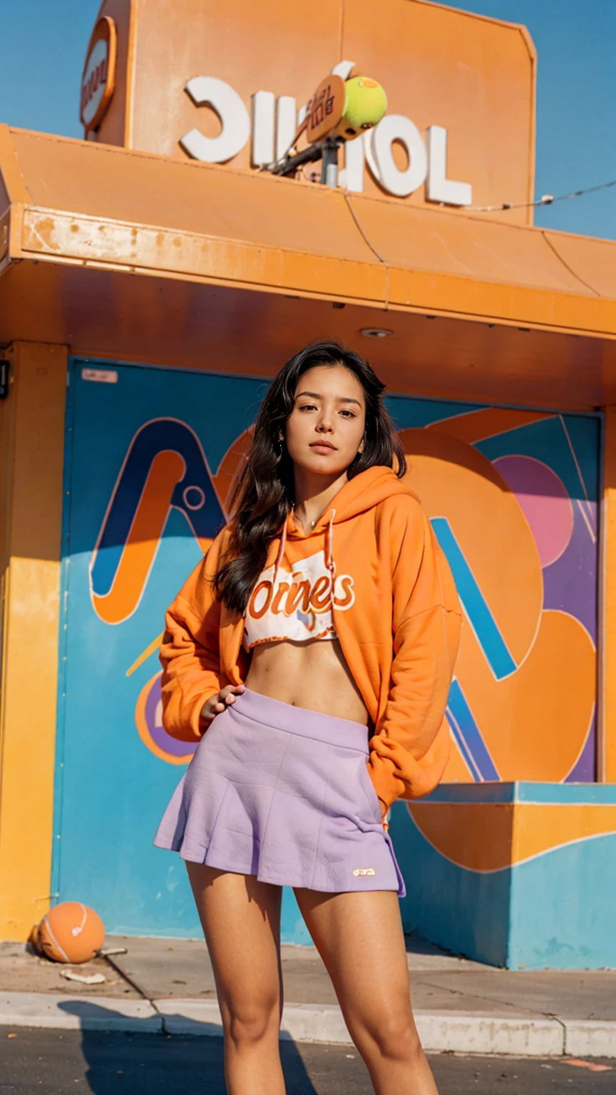 (medium cinematic shot portrait), of cute 23 yo girl ,wear ((orange color oversized_hoodie)), wear ((purple tennis skirt)),looking front,Best Quality,Masterpiece,Ultra High Resolution,(Realisticity:1.4),Original Photo, 1Girl, light leak,ultra high resolution,UHD,beautiful, (black bob hair), almond eye, no makeup, looking at camera,in front of ((80's colorful gas station)), (realistic:1.2), (surreal:1.3), (very detailed:1.1), ((masterpiece)),summer, blue sky, palm trees,sunny, los angles vibes,film camera, 800mm lens,style of Philip Lorca diCorcia