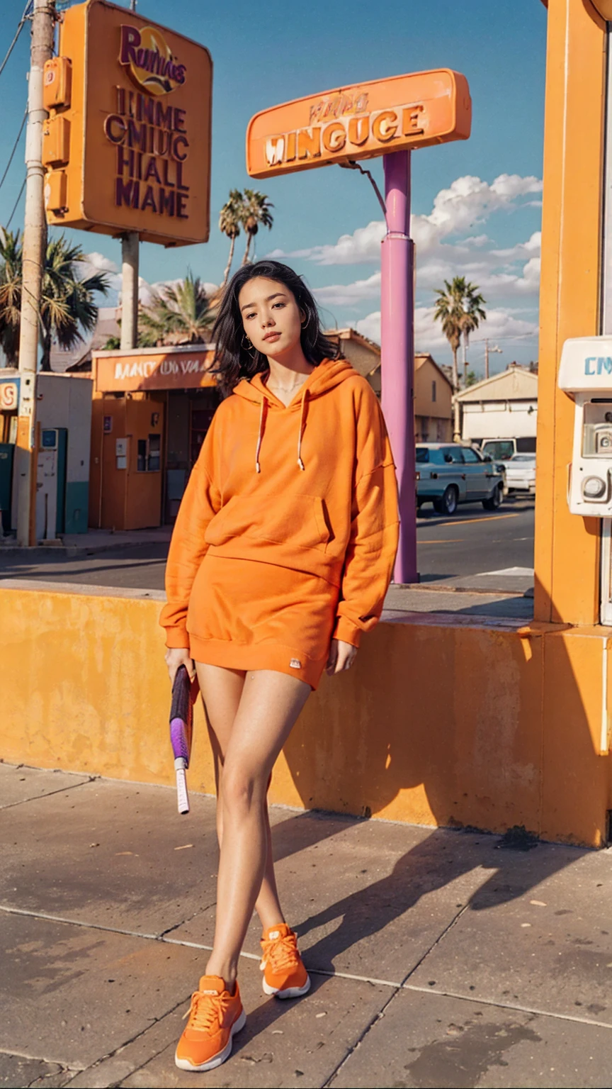 (medium cinematic shot portrait), of cute 23 yo girl ,wear ((orange color oversized_hoodie)), wear ((purple tennis skirt)),looking front,Best Quality,Masterpiece,Ultra High Resolution,(Realisticity:1.4),Original Photo, 1Girl, light leak,ultra high resolution,UHD,beautiful, (black bob hair), almond eye, no makeup, looking at camera,in front of ((80's colorful gas station)), (realistic:1.2), (surreal:1.3), (very detailed:1.1), ((masterpiece)),summer, blue sky, palm trees,sunny, los angles vibes,film camera, 800mm lens,style of Philip Lorca diCorcia