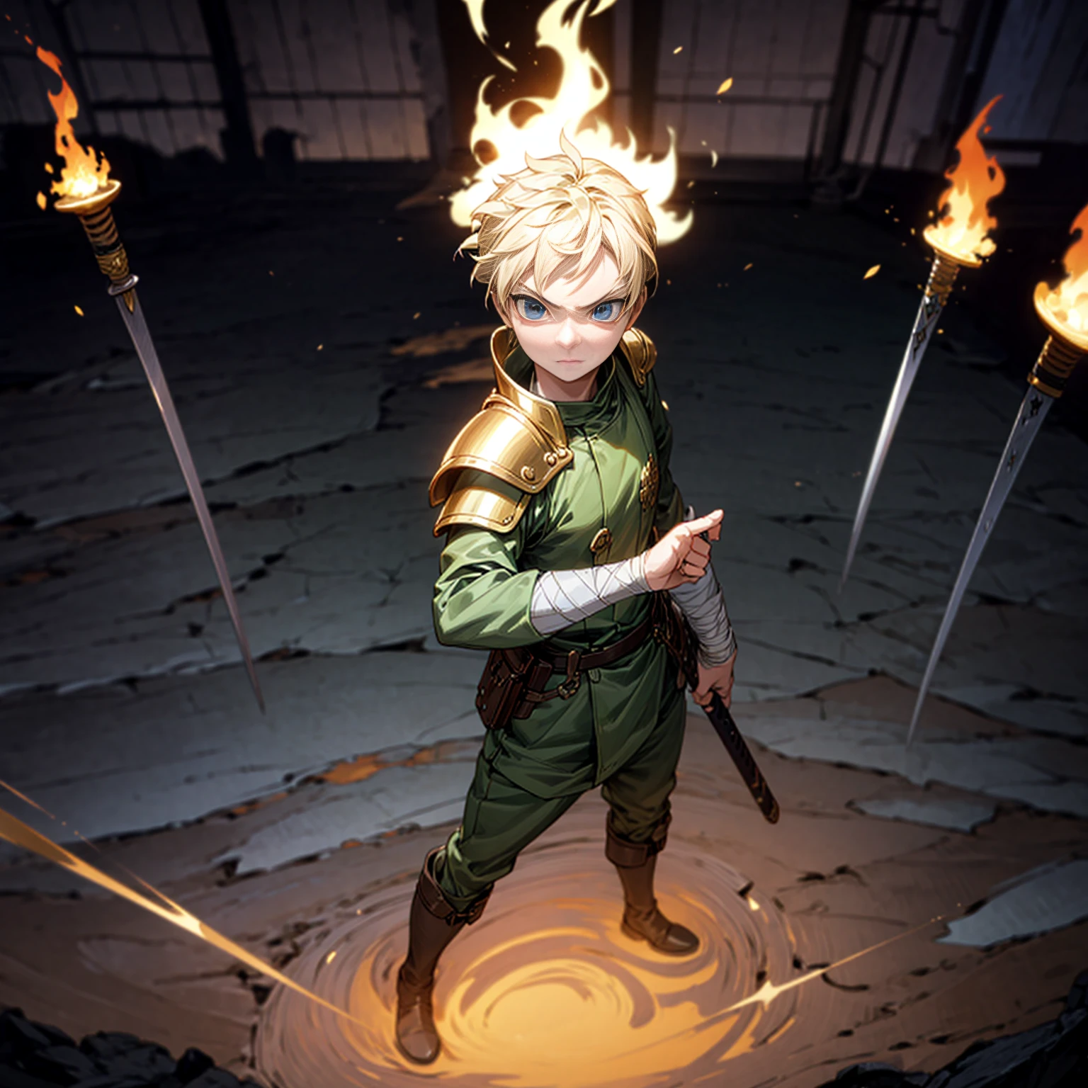 1boy, Full body version, 1character, blue eyes, sad eyes, short haircut, blonde color hair, bandage on head, soldier style outfit, big armors, black Boots, Grassroots, full background indoor building, motion blur, (one piece style art), standing gesture, sword lighting gold in hand, fire effect on sword, smoke effect, fire effect in background, plasma effect, light fire, (high angle view, hd, masterpiece)