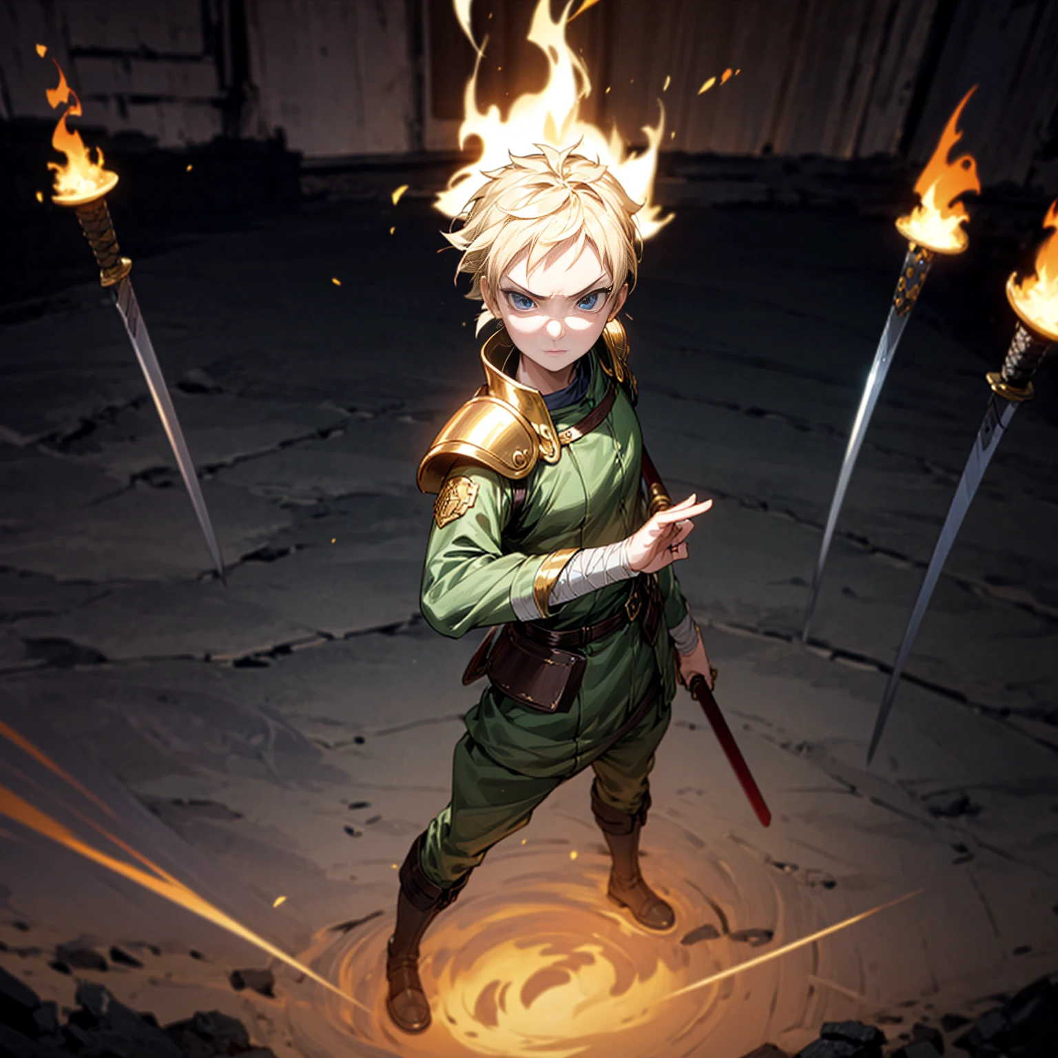 1boy, Full body version, 1character, blue eyes, sad eyes, short haircut, blonde color hair, bandage on head, soldier style outfit, big armors, black Boots, Grassroots, full background indoor building, motion blur, (one piece style art), standing gesture, sword lighting gold in hand, fire effect on sword, smoke effect, fire effect in background, plasma effect, light fire, (high angle view, hd, masterpiece)