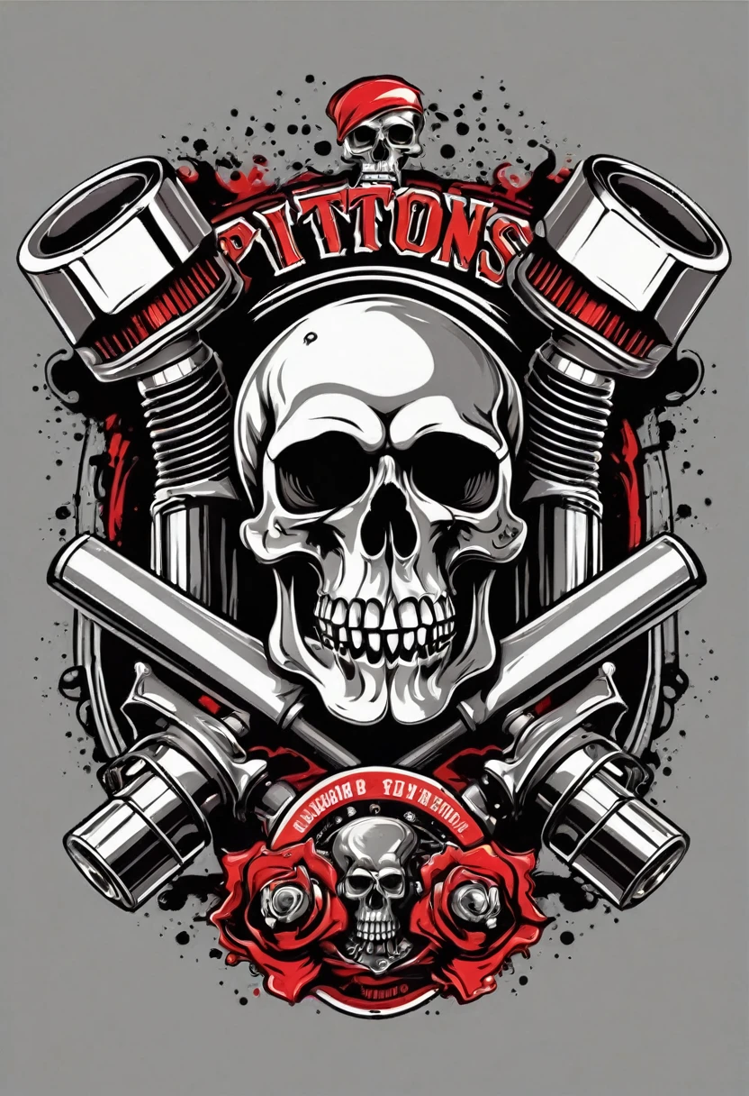 T-shirt design, two crossed pistons with a skull, vector art inspired by Ed Roth, featured on behance, conceptual artwork, garage, heavy metal t-shirt design,T-shirt design