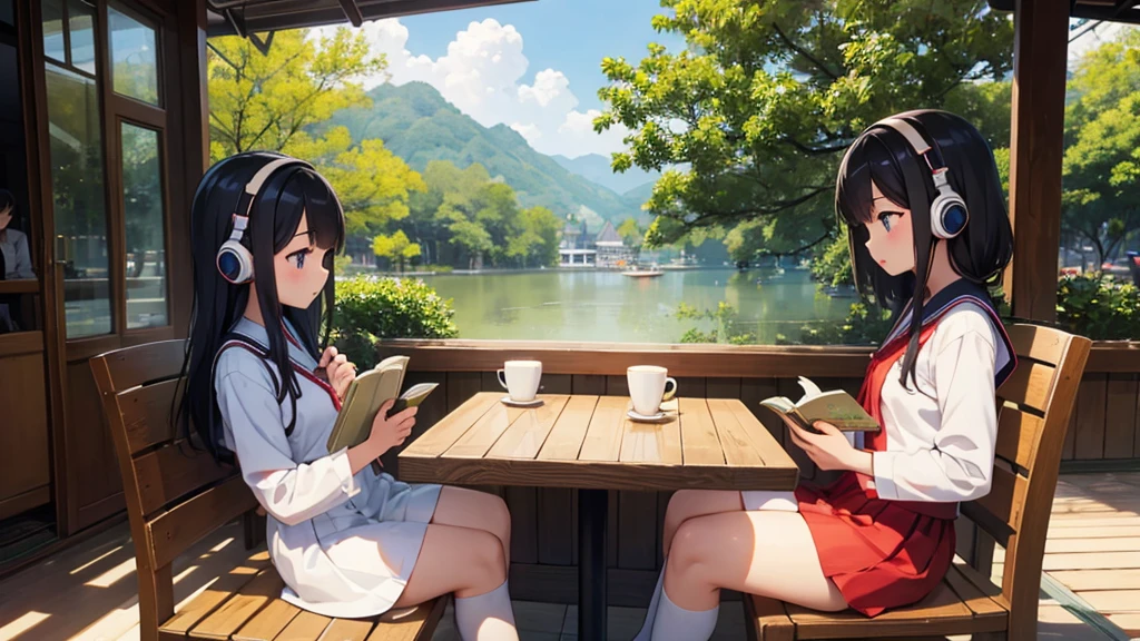 girl、Thai Uniform、Cafe、Reading、Coffee on the table、headphone、Nature around