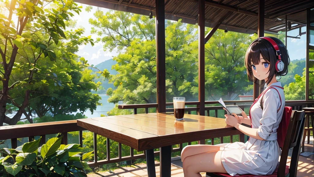 girl、Thai Uniform、Cafe、Reading、Coffee on the table、headphone、Nature around