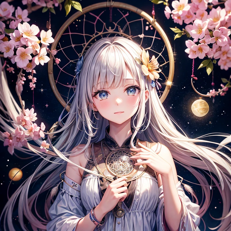 Dream Catcher, blossoms, background galaxy 