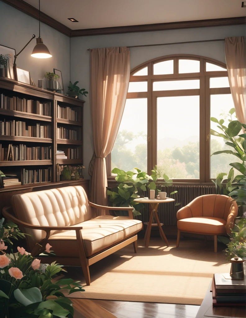 (Anime style:1.4),Soft touch、超high resolution, Attention to detail, high quality, high resolution, 最high quality, 4K, 8K,In a living room,A beautiful adult girl lying on the sofa watching TV,Fluttering curtains,There is coffee on the table next to it.、Surrounded by books, flowers and green plants, C4D,OC Rendering,Realistic details,Ultra HD,8k,Perfect composition,Wall lamp,desk,Cartoon slippers,Vertical lamp,Floor-to-ceiling large windows,Romantic and warm picture,Hayao Miyazaki's healing style