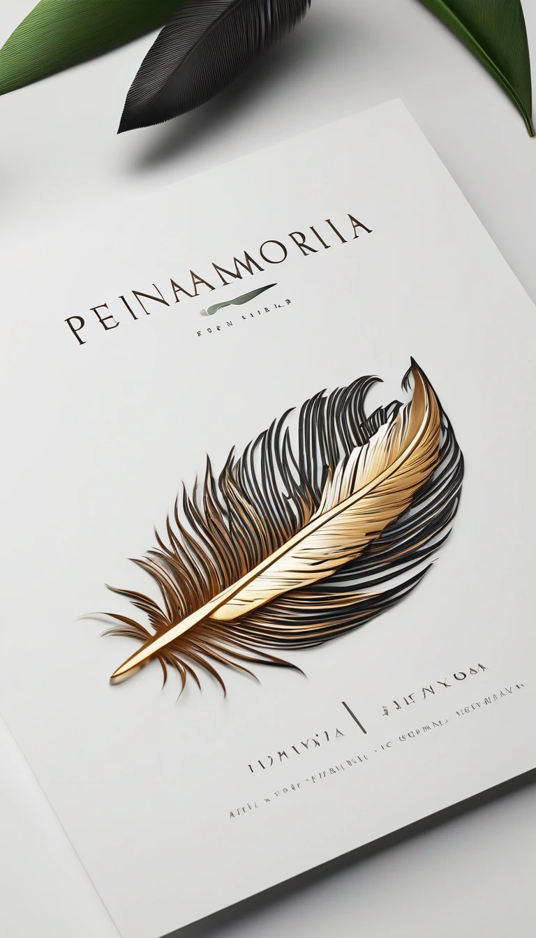 A minimal, modern, simple, cinematic logo design for the brand “Penamemoria". Create a modern, minimalistic, high-quality, masterpiece, fantastic, poetic feather that symbolizes dreams and stories.