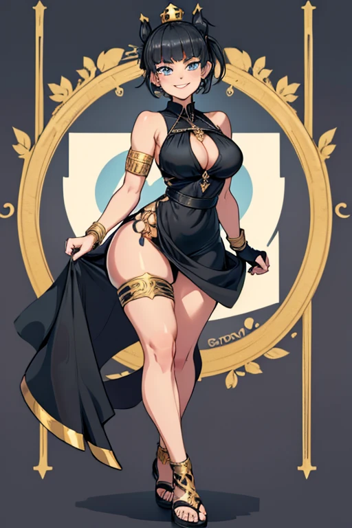 female, black short hair, blue eyes, (((1girl))), (((black toga style dress))), (black fingerless opera gloves), (gold jewelry), (gold ornate crown), (Greek style heeled sandals), cute and sexy, full body, big breasts, long legs, smiling, cleavage