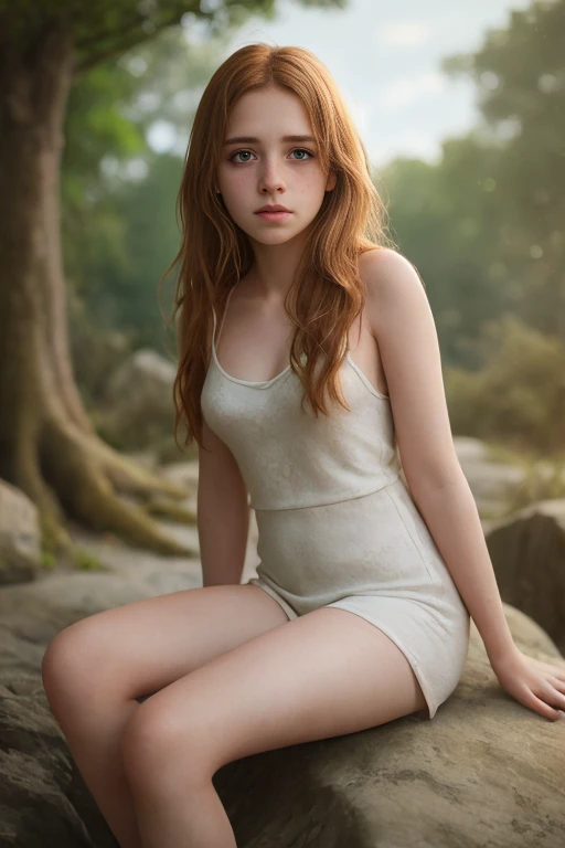 (dynamic angle:1.1),outdoors, ginger hair, photo of skinny 20yo girl, freckles, sad, soft, masterpiece, volumetric light, best quality, complimentary colors, dramatic lighting, intricate details, subsurface scattering,