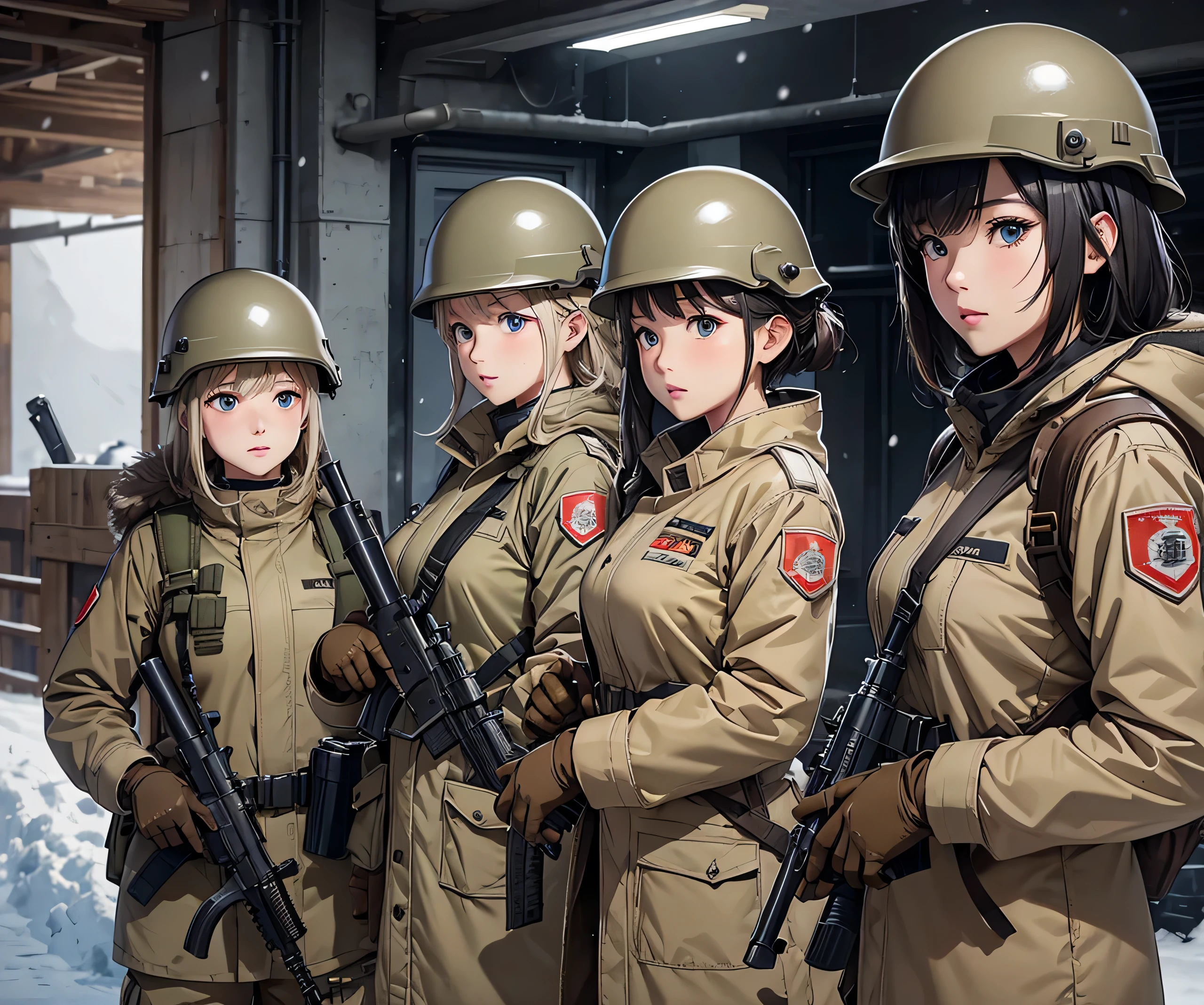 A group of female soldiers with guns in a snowy military camp、Wearing beige M-51 thick long coat、Wear a steel helmet、Magazine Pouch、Tactical harness、Gloves、Write details、masterpiece、best quality、Highly detailed CG、8K picture quality