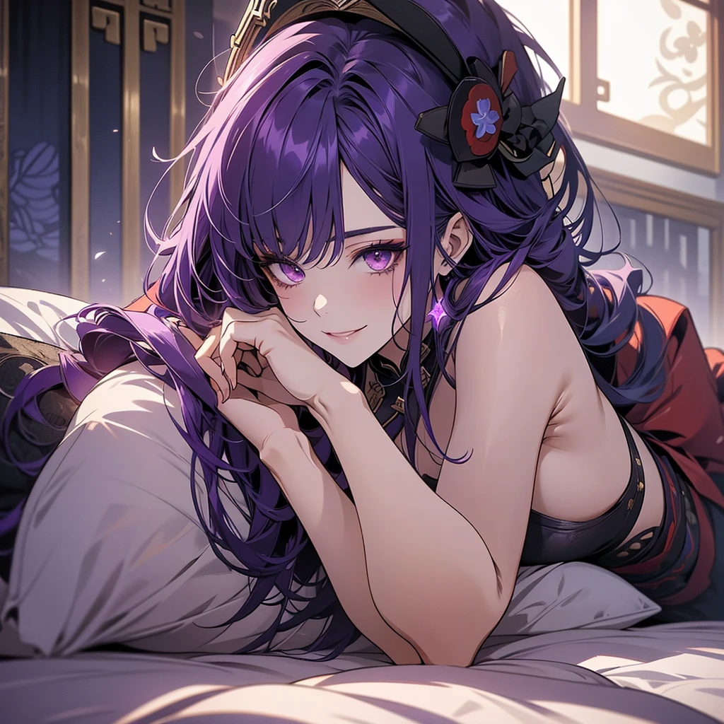 1 women, Raiden Shogun - genshin impact, long purple hair, violet eyes, lying on the bed in chinese room, nudity, nude, sexy, full body, smile, pervert