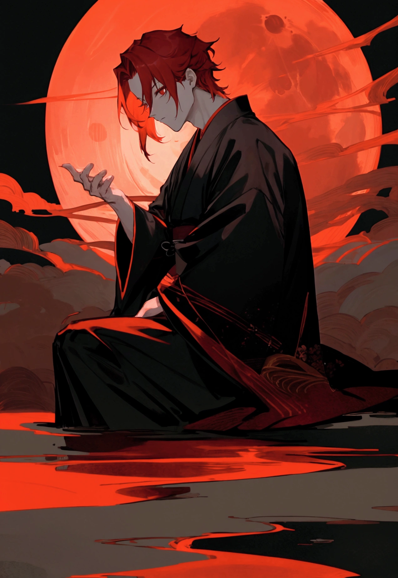 Red hair, Red Eye, male, moonlight, Black kimono, Relax