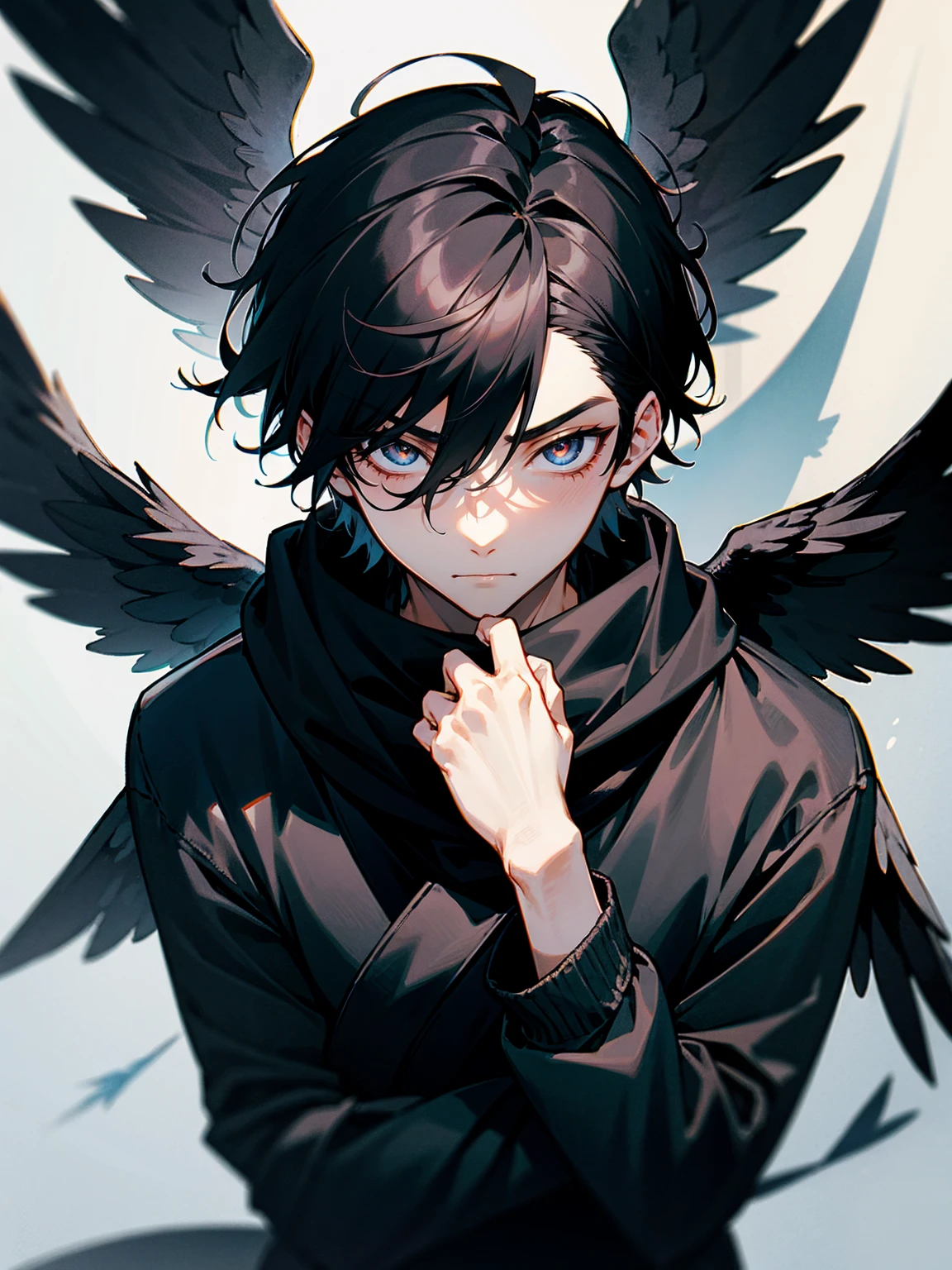1male, adult, black hair, hawk eyes, black angel wings, black sweatshirt, scarf, somber expression