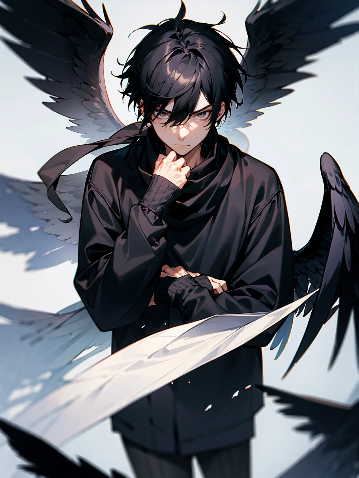 1male, adult, black hair, hawk eyes, black angel wings, black sweatshirt, scarf, somber expression