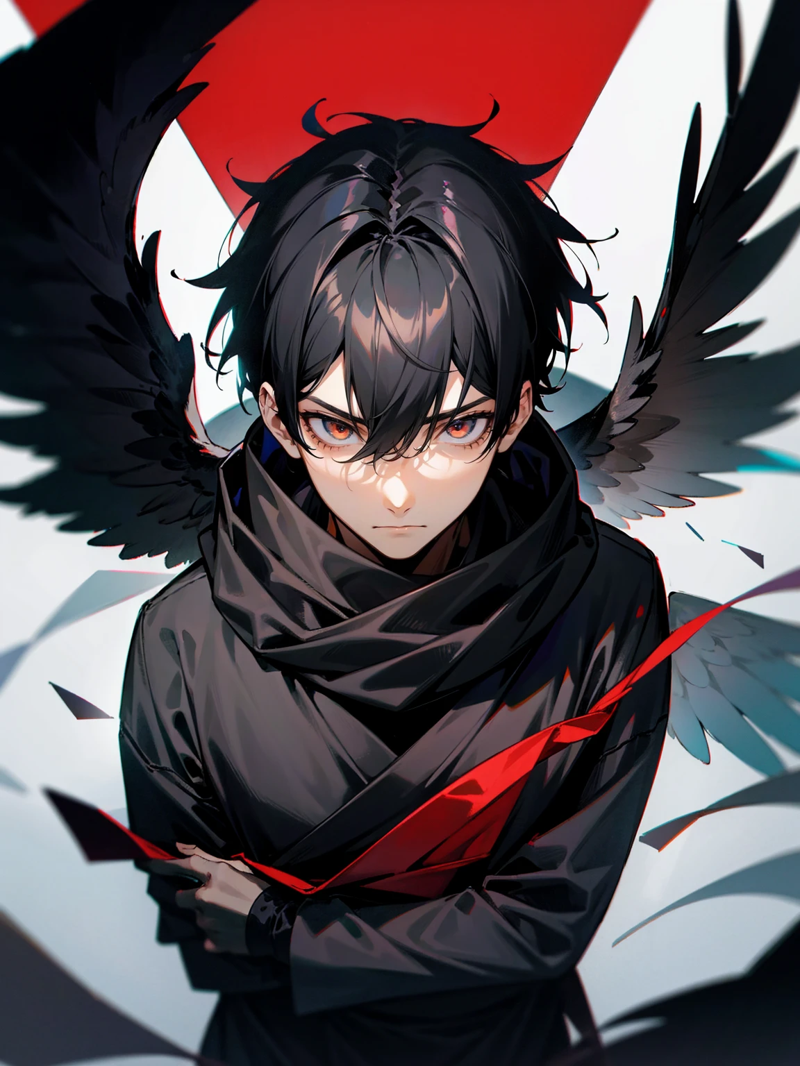 1male, adult, black hair, hawk eyes, black angel wings, black sweatshirt, scarf, somber expression