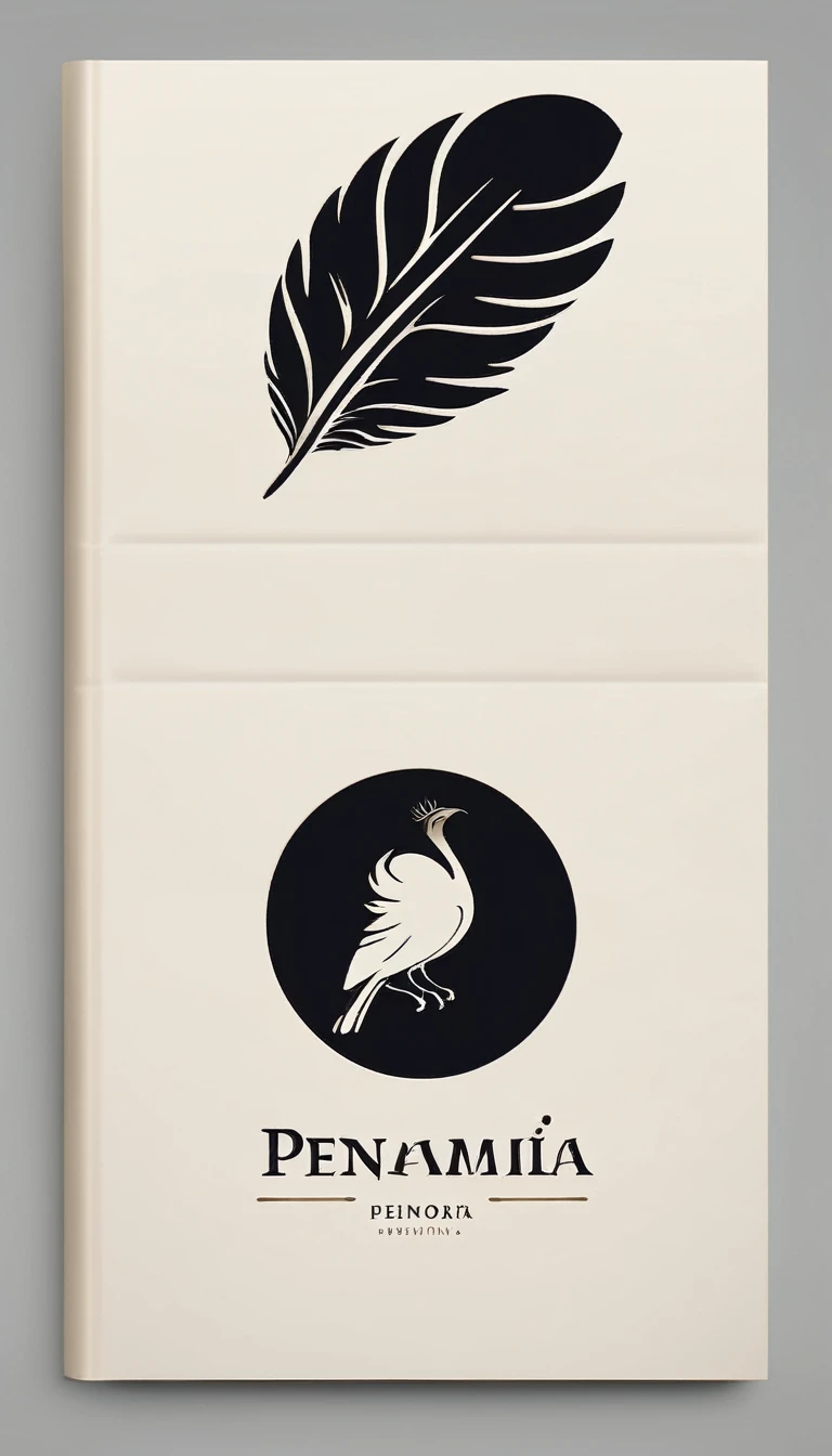 A minimal, modern, simple, cinematic logotype for the brand “Penamemoria". The logotype must be a simple, magical feather and a boy playing acoustic guitar. The logo must convey a sense of music, stories and dreams. Logo design impressed on a book cover. Minimalistic logo