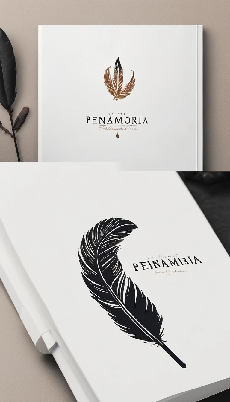 A minimal, modern, simple, cinematic logotype for the brand “Penamemoria". The logotype must be a simple, magical feather and a boy playing acoustic guitar. The logo must convey a sense of music, stories and dreams. Logo design impressed on a book cover. Minimalistic logo