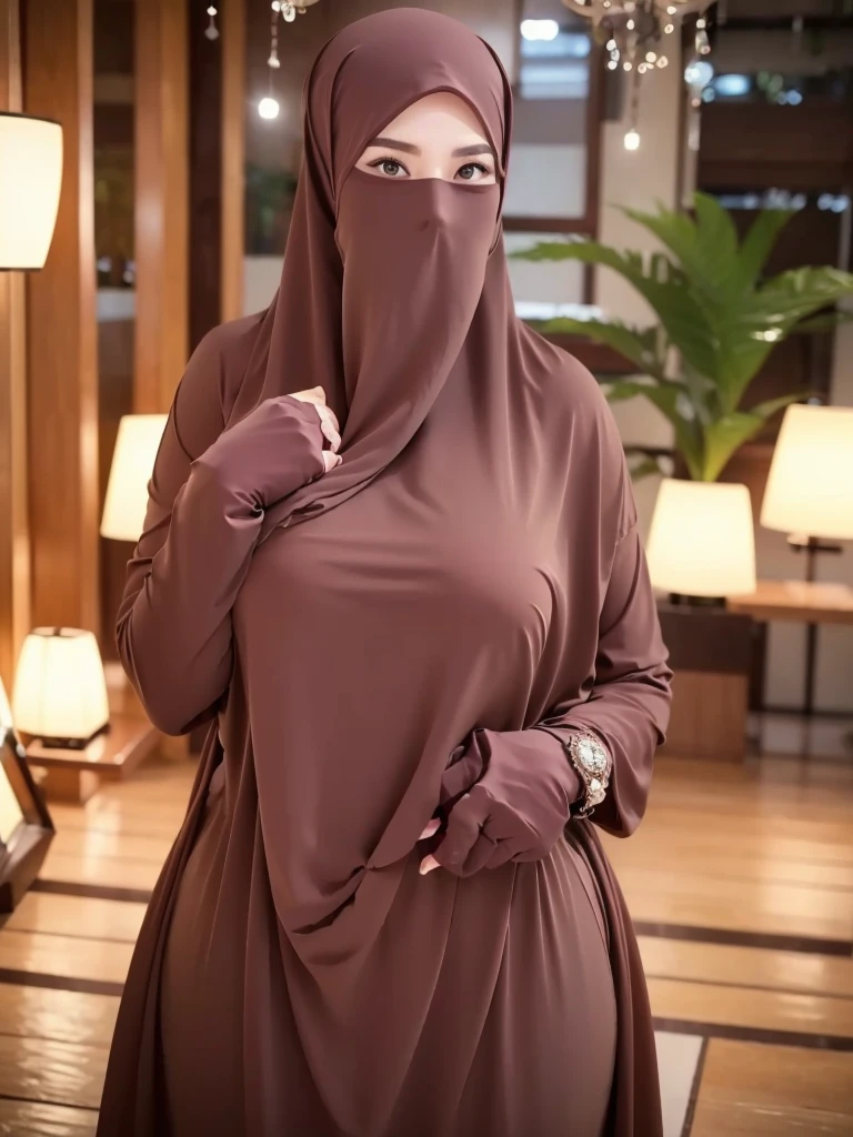 4K, high quality, nice lighting, soft lighting, realistic, dark eyes, sexy, big breasts, thick thighs, wide hips, muscular, malaysian dress, long sleeve, Jewelry, sexy lady, asian, hijab, niqab, sexy pose, showing big thighs, nice body, natural largest breast, WEARING WEDDING RINGS