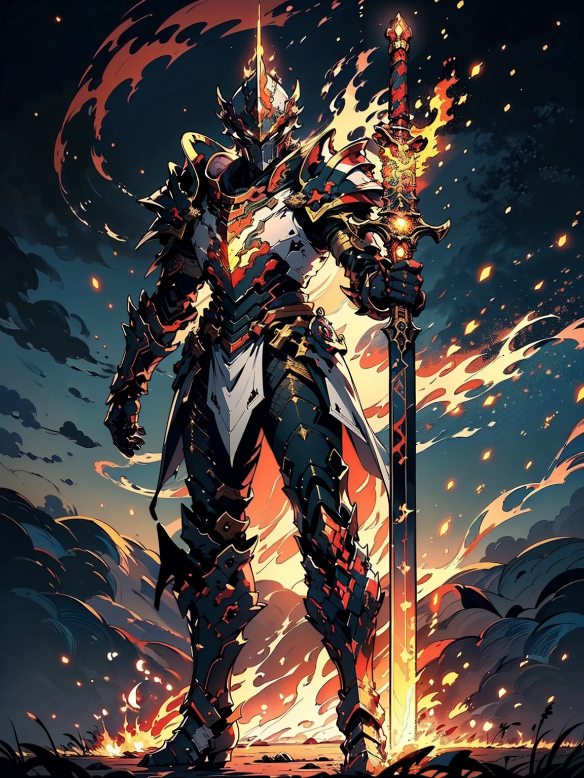 8K quality,(super masterpiece:1.3),Highest quality,Detailed Images,1 male,knight,pocket(Full Face,Two Corners),Blue Armor(Blue full armor,Golden decoration),(Wear a red cloak,Red Cape),(Holding a flaming sword in both hands),(background:Burning image,sunset,幻想的なsunset,The End,The end of the world,grassland,Takayama,Halo effects),(Whole body image,Standing with your legs apart),(Face directly towards the camera,Looking directly at the viewer,looking at the camera,The body faces the viewer,The body is facing the direction of the camera,Face looking straight into the camera).