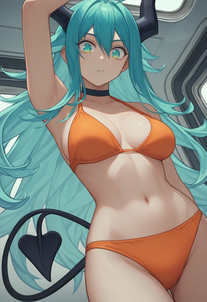 score_9, score_8_up, score_7_up,1 daemon woman, black horns,1 black demon tail, (aquamarine hair),aquamarine green color hair,ahoge, long hair, (long hair),bangs, light orange bikini, bikini is orange, bikini orange, orange bikini!, (aquamarine eyes), background is spaceship, aquamarine eyes, 1woman ,facing viewer, daemon girl, close up,Well-endowed, alone, Spacecraft interior, dynamic pose