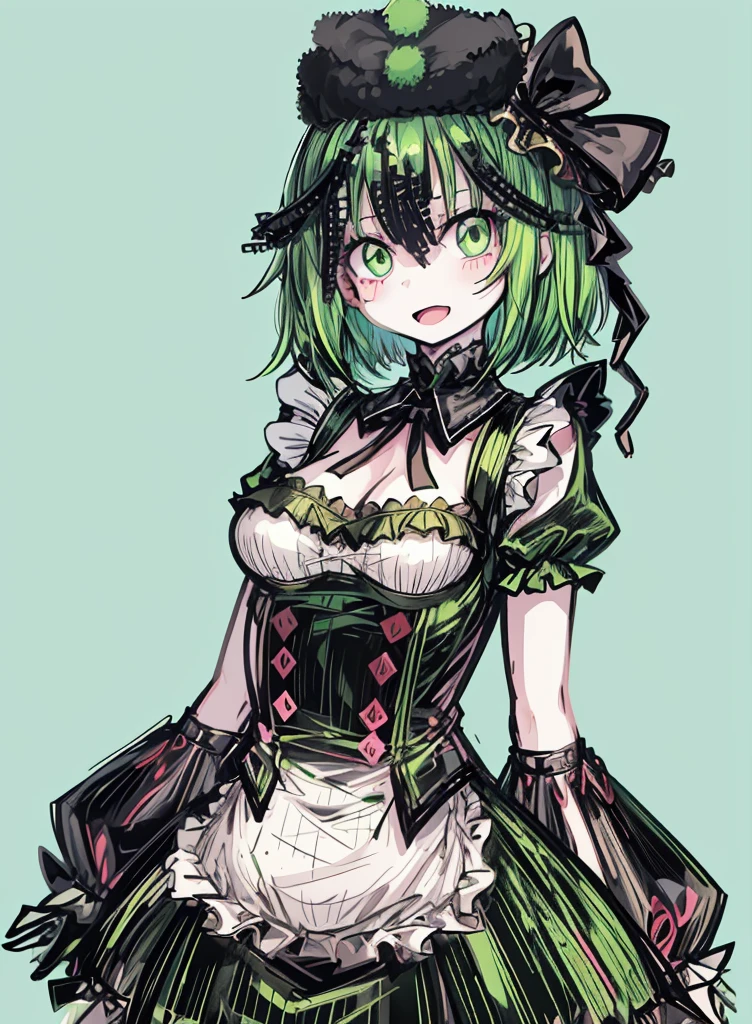 1girl ,green eyes,green hair,short maid dress ,pale skin,(high resolution, high detail, best quality),
open mouth,smile,happy, blushes, gluttonous, medium breasts