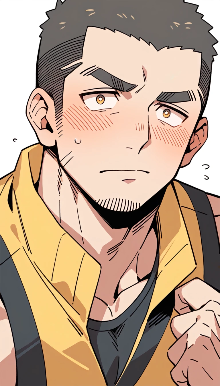 anime characters：Priapus, Muscle Sports Student, Buzz Cut, Manliness, male focus, Yellow and black tight sleeveless vest, Very tight, full and perky chest muscles, muscular male, muscular, Perfect muscular waist, only, Upper body, alone, Black short hair, Thick eyebrows, stubble, Brown-red pupils, White background, simple background, amazing quality, best aesthetics, Ridiculous, crew cut, blush, embarrassed, shy, endured face, negative space, best quality