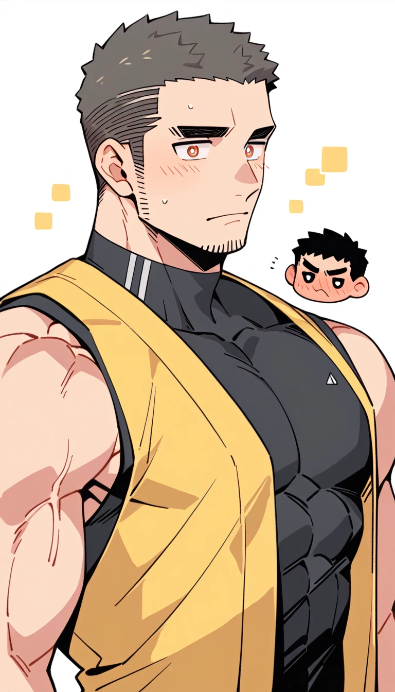 anime characters：Priapus, Muscle Sports Student, Buzz Cut, Manliness, male focus, Yellow and black tight sleeveless vest, Very tight, full and perky chest muscles, muscular male, muscular, Perfect muscular waist, only, Upper body, alone, Black short hair, Thick eyebrows, stubble, Brown-red pupils, White background, simple background, amazing quality, best aesthetics, Ridiculous, crew cut, blush, embarrassed, shy, endured face, negative space, best quality