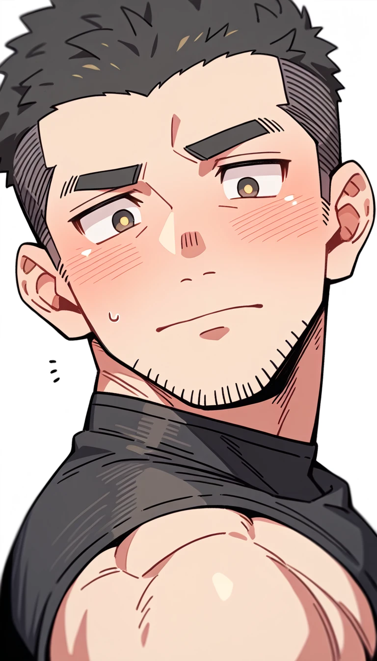 anime characters:Priapus, Muscle Sports Student, Buzz Cut, Manliness, male focus, Yellow and black tight sleeveless vest, Very tight, full and perky chest muscles, muscular male, muscular, Perfect muscular waist, only, Upper body, alone, Black short hair, Thick eyebrows, stubble, Brown-red pupils, White background, simple background, amazing quality, best aesthetics, Ridiculous, crew cut, blush, embarrassed, shy, endured face, negative space, best quality