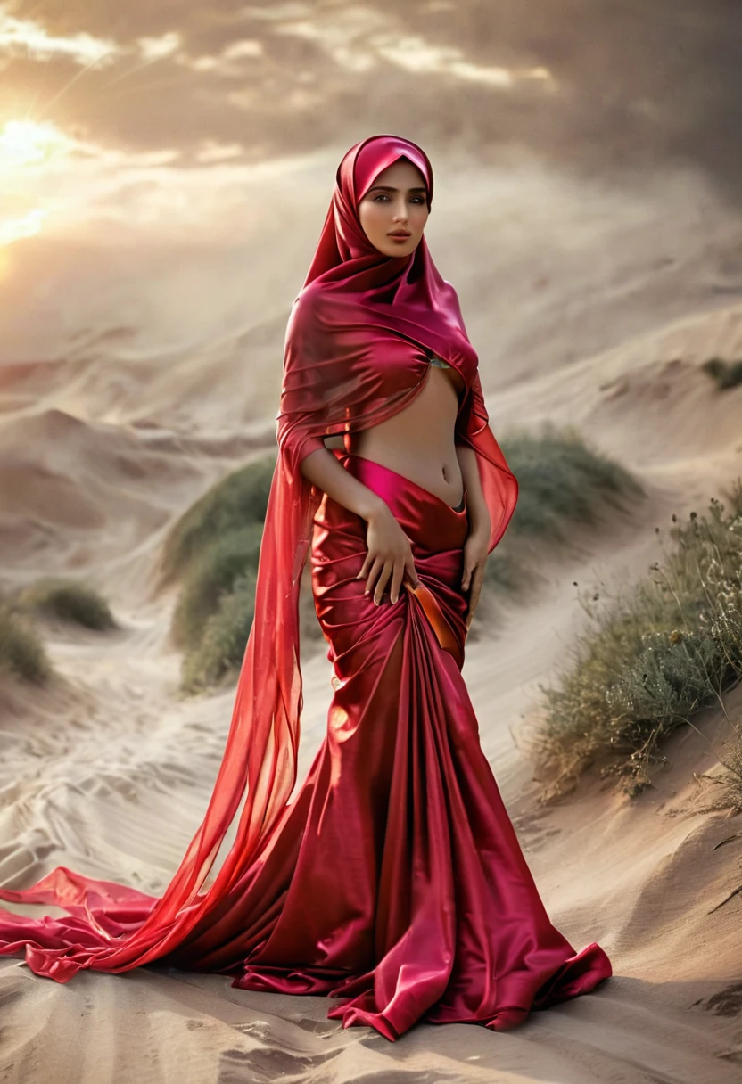 a woman covered in red satin cloth, mummified in satin, tied tight in satin, shape like mermaid gown, tight in leg, wearing a satin hijab, the satin is very long, forming the curve of the body,dramatic flowy satin,strugle to move,full body, wear high heel, strugle to walk, masterpice, flowy satin blow by wind,4k resolution, ultra-realistic, highly detail, great lightning.