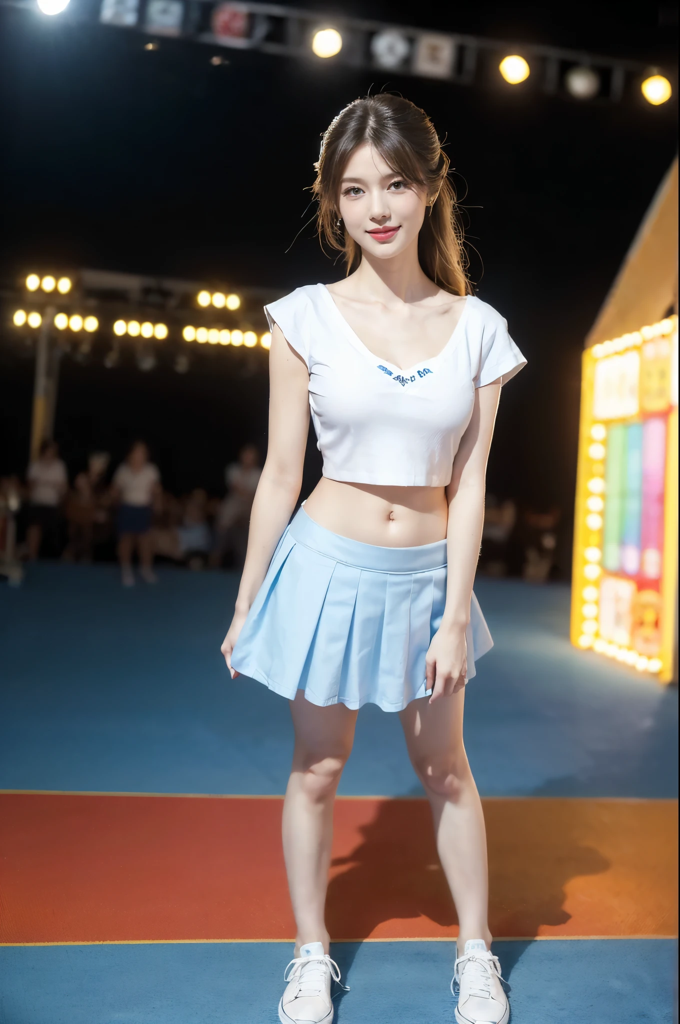 (((best quality))),(((ultra detailed))),(((masterpiece))),illustration,((a beautiful girl,solo)),(shoulder length straight hair:1.2),((slim,thin)),((small breasts,flat chest,cleavage,navel)),(blue short-sleeved white shirt:1.5),(blue mini-skirt:1.3),(slender legs:1.2),(sneakers:1.3),(standing:1.3),(arms behind back:1.3),(on the stage:1.3),((outside a shopping mall, at the entrance of a beer promotional event)),((surrounded by crowded crowds)),expressive eyes,infectious smile,the stage adorned with colorful decorations,vibrant atmosphere,(night scene:1.3),(from front:1.3),(full body:1.3),