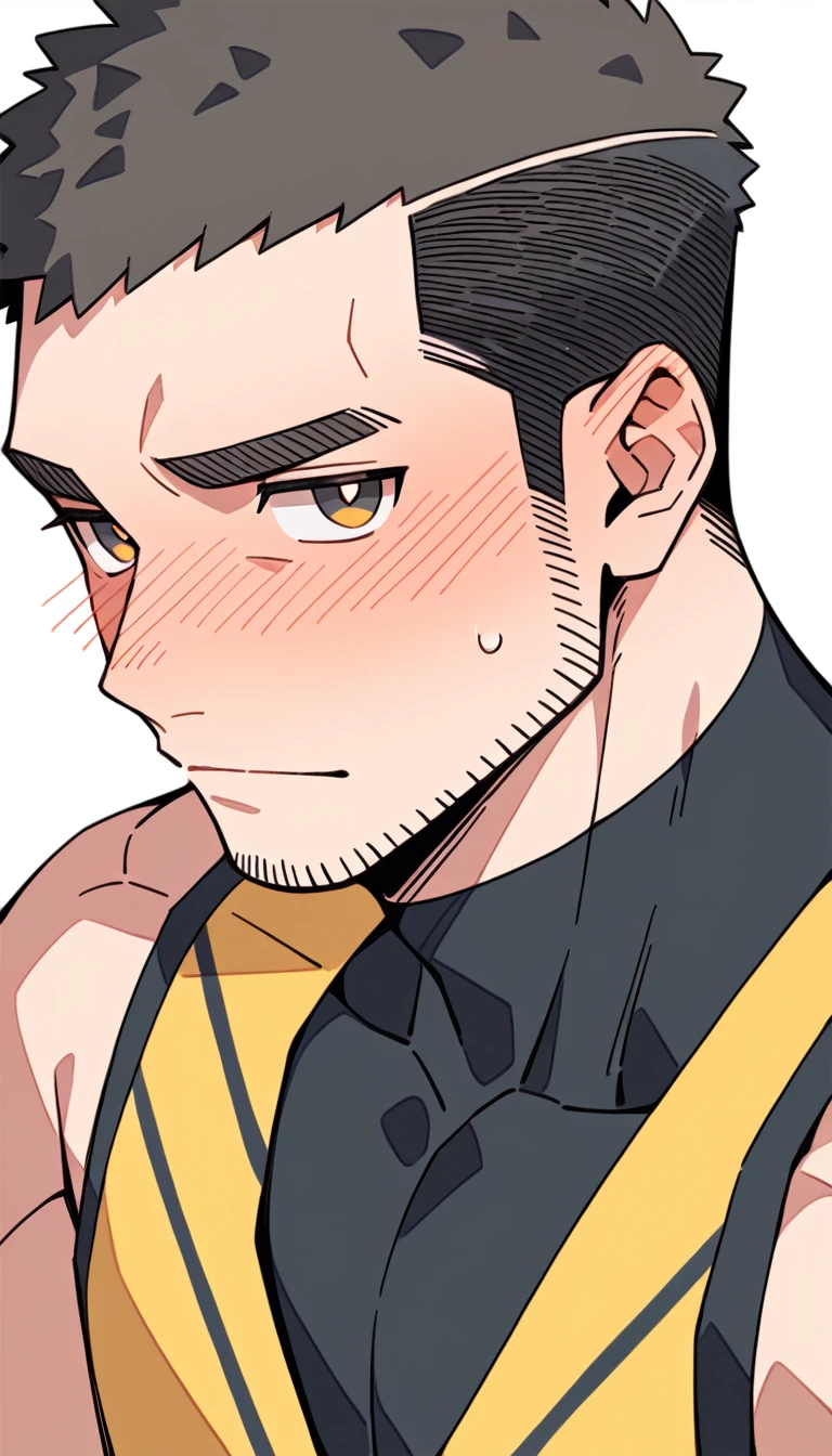 anime characters:Priapus, Muscle Sports Student, Buzz Cut, Manliness, male focus, Yellow and black tight sleeveless vest, Very tight, full and perky chest muscles, muscular male, muscular, Perfect muscular waist, only, Upper body, alone, Black short hair, Thick eyebrows, stubble, Brown-red pupils, White background, simple background, amazing quality, best aesthetics, Ridiculous, crew cut, blush, embarrassed, shy, endured face, negative space, best quality