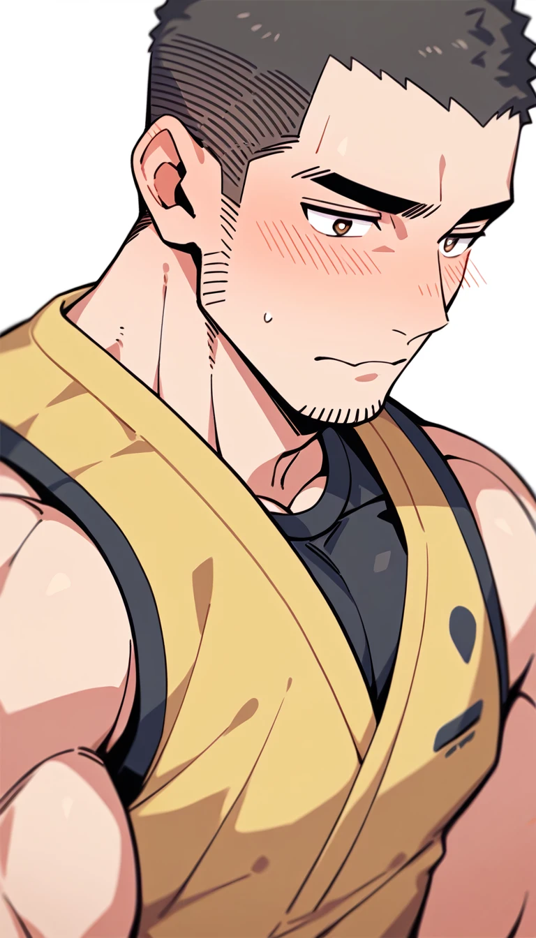 beautiful, (very short hair), (pudgy face), (thick),(ikemen), ((boyish)), (handsome), (chubby), belly, muscular, (beefy), (warrior), (Hakama), (Topknot), (cool), (nipples),