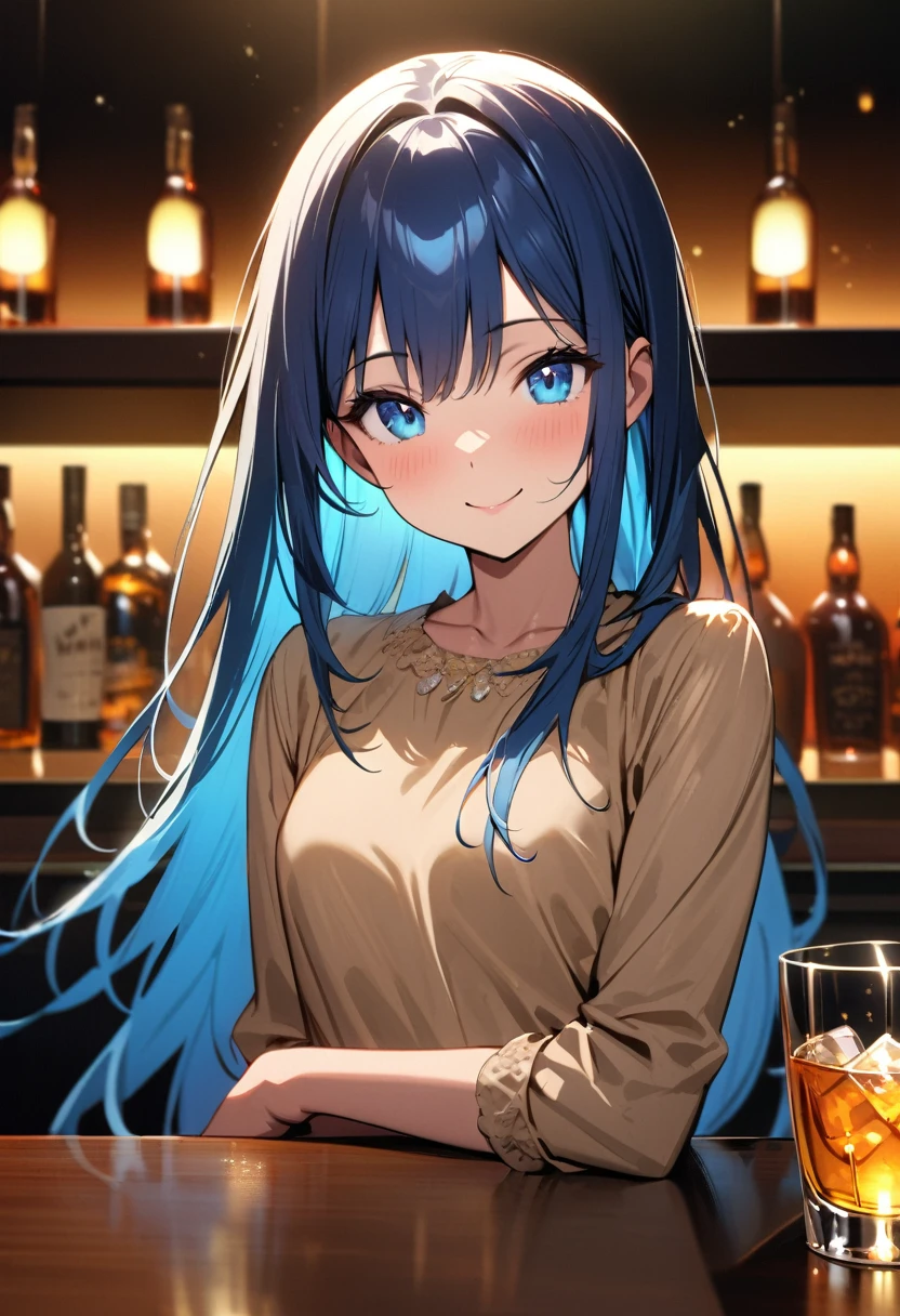 (masterpiece), (best quality), (sharp focus), (depth of field), (female): solo, (perfect face), (detailed outfit), (little girl),(smile), beautiful female,blue eyes, whole body,blue hair, long hair,(((((background of night view))))), (((in a bar))), wine, whisky, highball, (((((beige blouse))))),(shiny luminous, effects:1.2)