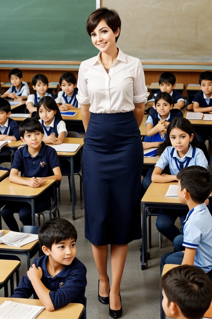 Cute teacher with short hair and many students.