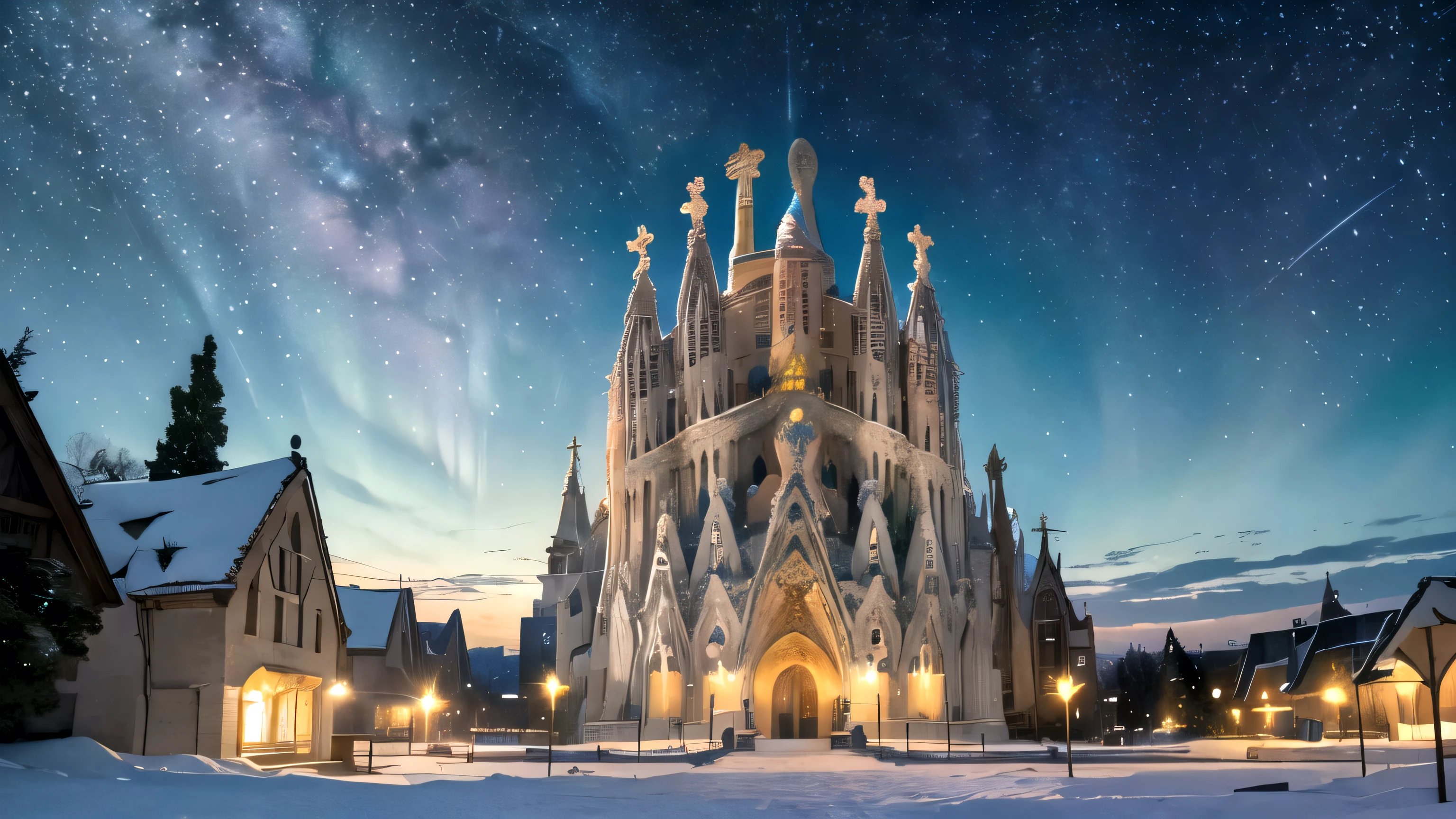 (Realistic, Photorealistic:1.4), Beautiful illustration, Panoramic view of Sagrada Familia, Snow-covered, Snow Scene, starry sky, Aurora, comet