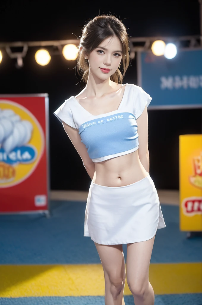 (((best quality))),(((ultra detailed))),(((masterpiece))),illustration,((a beautiful girl,solo)),(shoulder length straight hair:1.2),((slim,thin)),((small breasts,flat chest,cleavage,navel)),(blue short-sleeved white shirt:1.5),(blue mini-skirt:1.3),(slender legs:1.2),(sneakers:1.3),(standing:1.3),(arms behind back:1.3),(on the stage:1.3),((outside a shopping mall, at the entrance of a beer promotional event)),((surrounded by crowded crowds)),expressive eyes,infectious smile,the stage adorned with colorful decorations,vibrant atmosphere,(night scene:1.3),(from front:1.3),(full body:1.3),