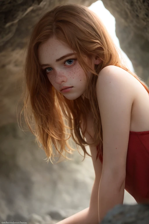 (dynamic angle:1.1),outdoors, ginger hair, photo of skinny 20yo girl, freckles, sad, soft, masterpiece, volumetric light, best quality, complimentary colors, dramatic lighting, intricate details, subsurface scattering,