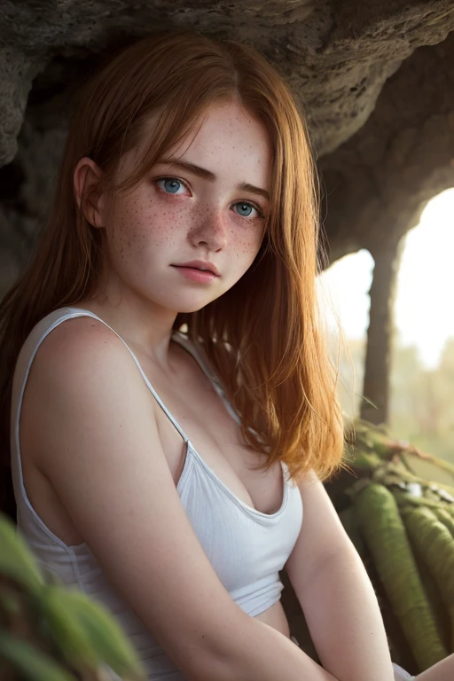 (dynamic angle:1.1),outdoors, ginger hair, photo of skinny 20yo girl, freckles, sad, soft, masterpiece, volumetric light, best quality, complimentary colors, dramatic lighting, intricate details, subsurface scattering,