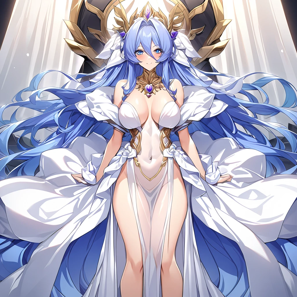 ((Highest quality)), ((masterpiece)), (detailed), (Perfect Face)、The woman is wearing only a pure white see-through cloth with gold embroidery and trim, and her naked body is visible through it. All of her clothes are pure white and see-through, making her the image of a beautiful goddess.、Women are gods who became part of the Greek goddesses々The wife of Zeus, the king of the gods, the goddess Hera Extella、The woman is the beautiful queen of the one and only god, Zeus, the goddess Hera Axtia. She has medium-long blue hair, an engagement ring, and is wearing only a see-through feather robe and luxurious accessories. She is an elegant goddess and a beautiful queen of the gods.