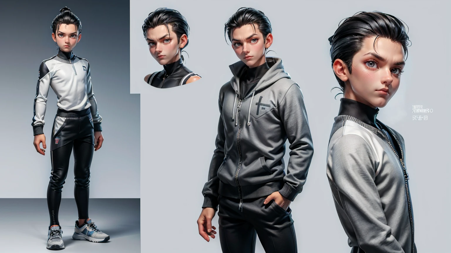 cute face boy, cute face, short height boy, wearing casual futuristic grey pent, grey dress, full standing pose, Slicked Back hairs, Slicked Back hair style, sports shoes, Character Sheet, 12 yo student, Full body, Simple white background, front straight pose character reference sheet, Concept art, design sheet