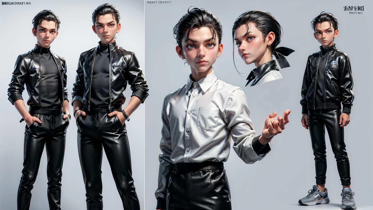 cute face boy, cute face, short height boy, wearing casual futuristic grey pent, grey dress, full standing pose, Slicked Back hairs, Slicked Back hair style, sports shoes, Character Sheet, 12 yo student, Full body, Simple white background, front straight pose character reference sheet, Concept art, design sheet