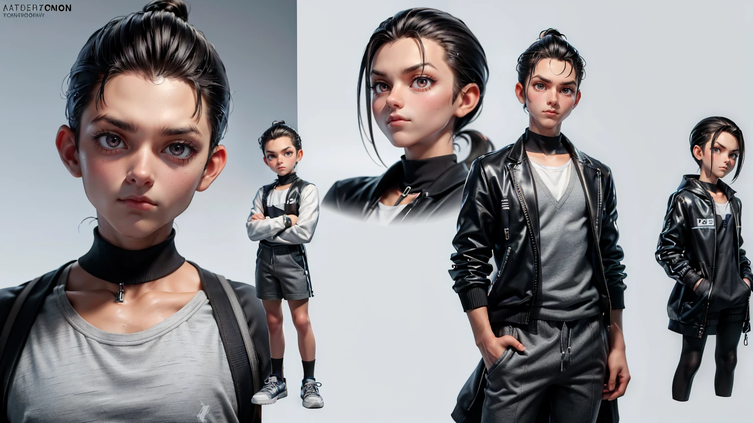 cute face boy, cute face, short height boy, wearing casual futuristic grey pent, grey dress, full standing pose, Slicked Back hairs, Slicked Back hair style, sports shoes, Character Sheet, 12 yo student, Full body, Simple white background, front straight pose character reference sheet, Concept art, design sheet